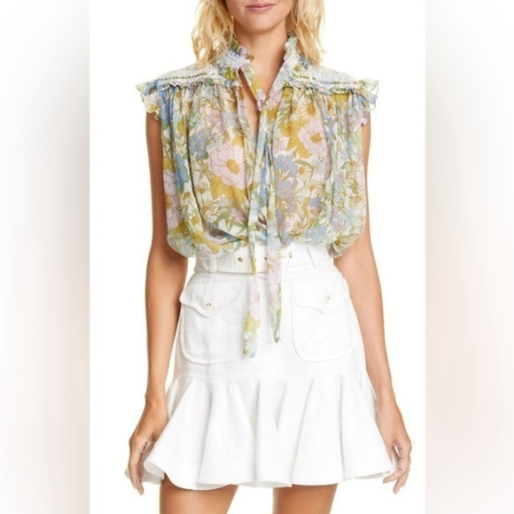 Zimmermann Tops - Zimmermann Super Eight Tie Neck Floral Print Silk Tank